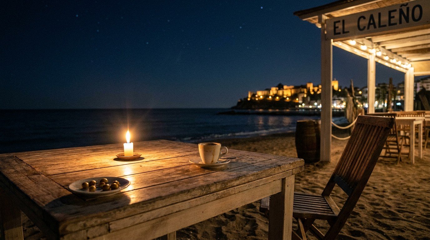 Night table at El Caleño with a single candle, empty cup, olive pits, and the dark Mediterranean sea beyond.