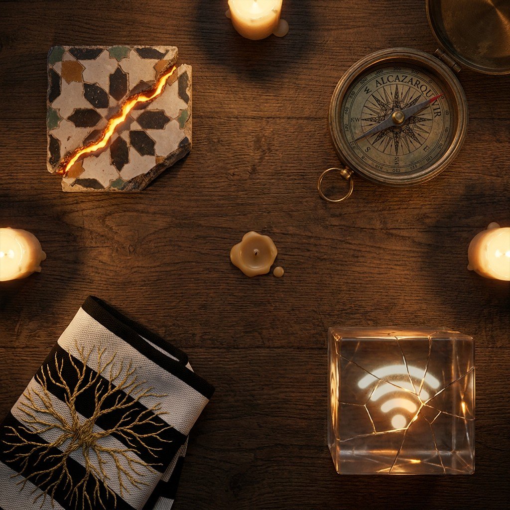 Overhead composition with a broken zellige tile, a compass pointing to Alcazarquivir, zebra fabric with gold root embroidery, and a cracked glass cube with a Wi-Fi symbol.