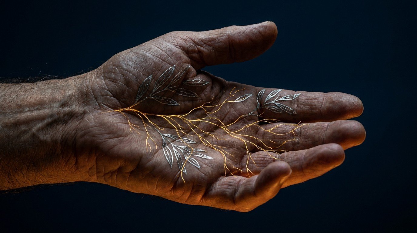A weathered hand open palm up against a deep night blue background, fine luminous golden roots growing from the lifeline like fiber optics, tangling with silver olive leaf veins. Amber light from below, cinematic chiaroscuro.