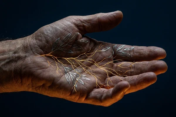 A weathered hand open palm up against a deep night blue background, fine luminous golden roots growing from the lifeline like fiber optics, tangling with silver olive leaf veins. Amber light from below, cinematic chiaroscuro.