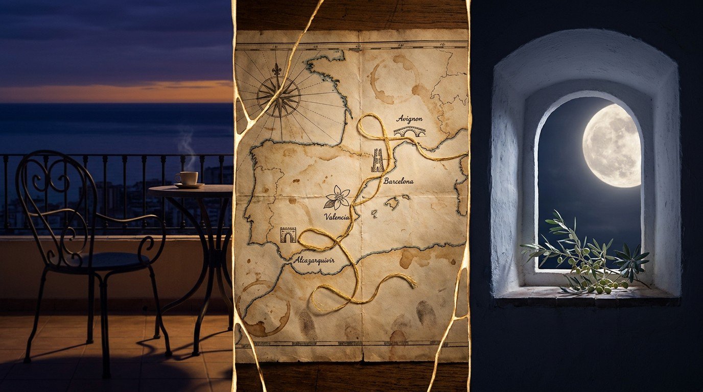 Triptych with a dark terrace, an antique map of Mediterranean ports, and a moonlit Andalusian window.