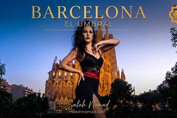 A flamenco singer in a black lace bodice, mid-song, with the Sagrada Familia visible far behind her under a deep indigo night sky.