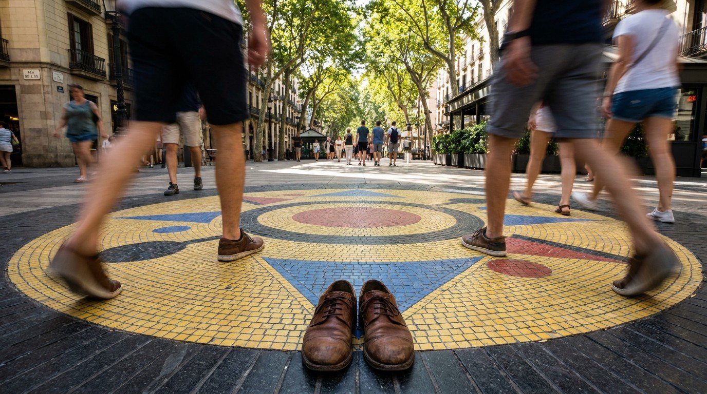Ground-level view of the Joan Miró circular mosaic pavement on La Rambla. A pair of worn leather shoes stands still at the edge of the circle while blurred legs of passersby stride past.