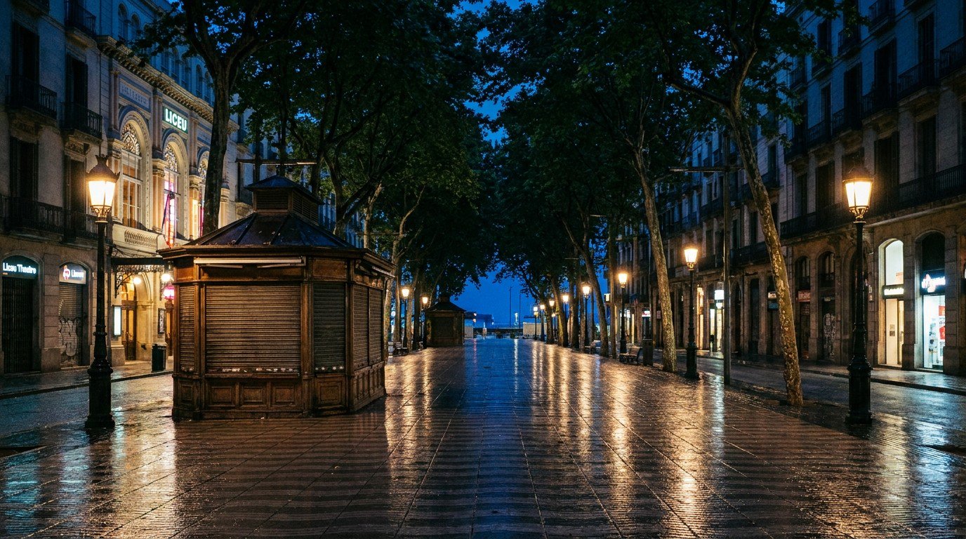 La Rambla at night after rain. Wet cobblestones reflect streetlamps and distant neon signs. A closed flower kiosk in the foreground. The empty tree-lined avenue stretches toward the port and the sea. No pedestrians.