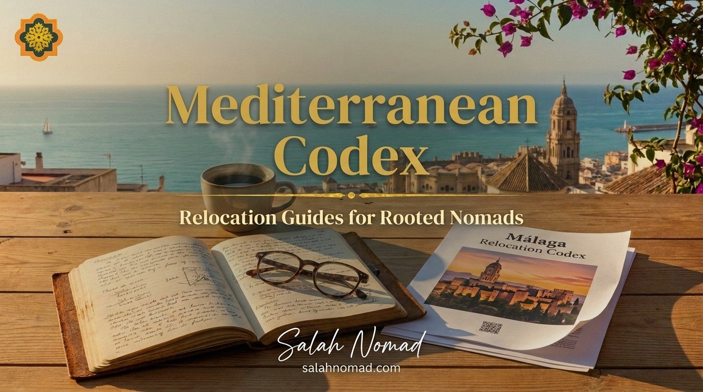 A sunlit wooden table on a Málaga terrace overlooking the Mediterranean, holding a steaming coffee, an open notebook, and a printed copy of the Mediterranean Codex. Warm morning light, bougainvillea in the background.
