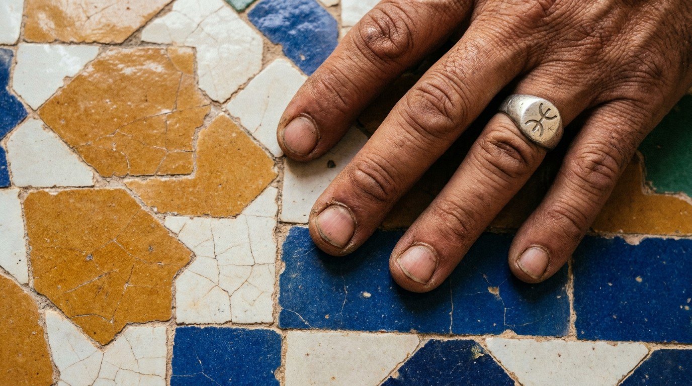 Extreme close-up of geometric Moorish zellige tiles in ochre, cobalt, and ivory, with a weathered hand touching them, wearing a silver Amazigh ring.
