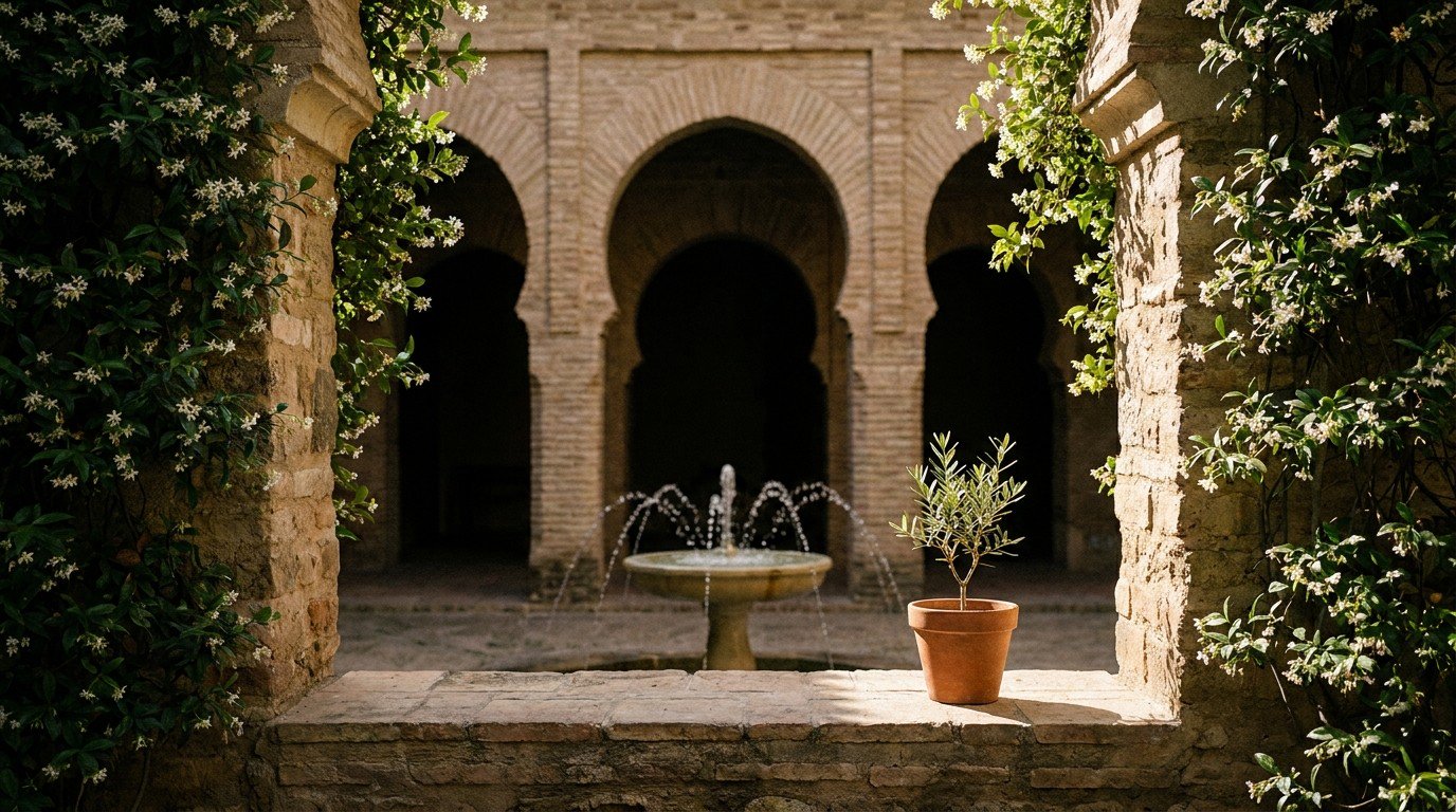 A serene courtyard inside the Alcazaba of Málaga, with horseshoe arches, a central fountain, and a young olive sapling in a terracotta pot.