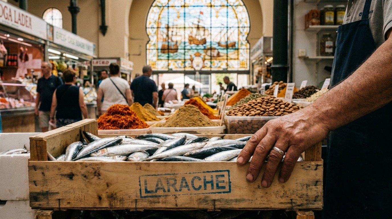 Inside the Atarazanas Market, a crate of fresh sardines stamped 'Larache' in the foreground, spices and stained glass behind.