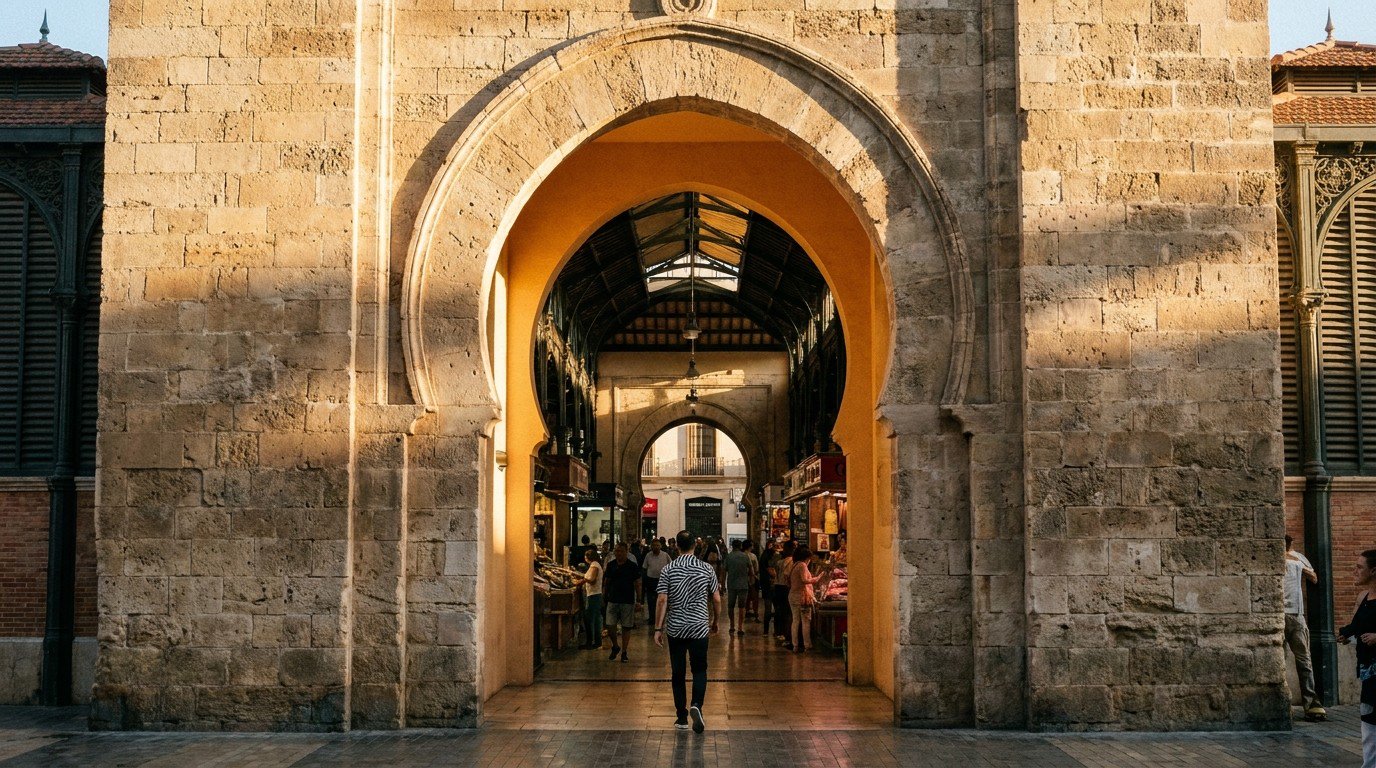 The monumental 14th-century Moorish arch at the entrance of the Atarazanas Market, with a man in a zebra-striped shirt walking through.