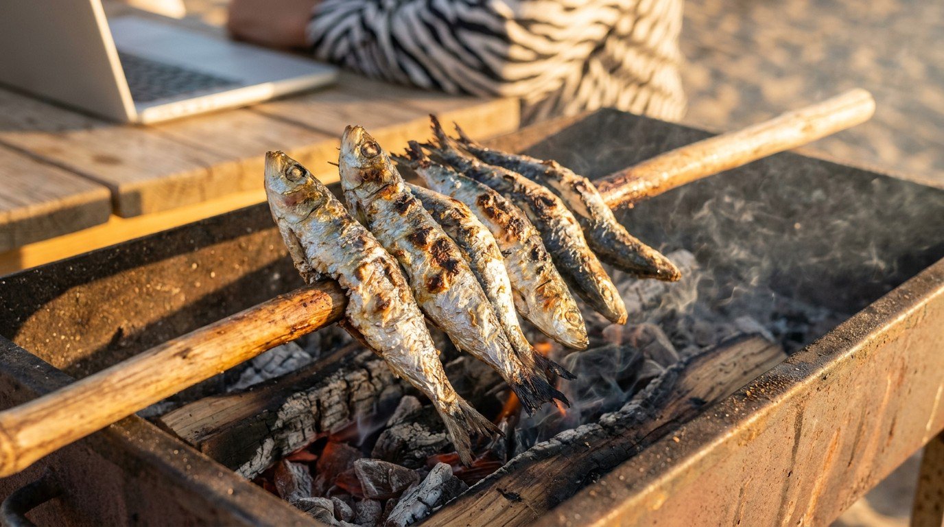 Extreme close-up of grilled sardines on a skewer, smoke rising from a metal beach barbecue, a laptop and zebra-striped shirt sleeve out of focus in the background.