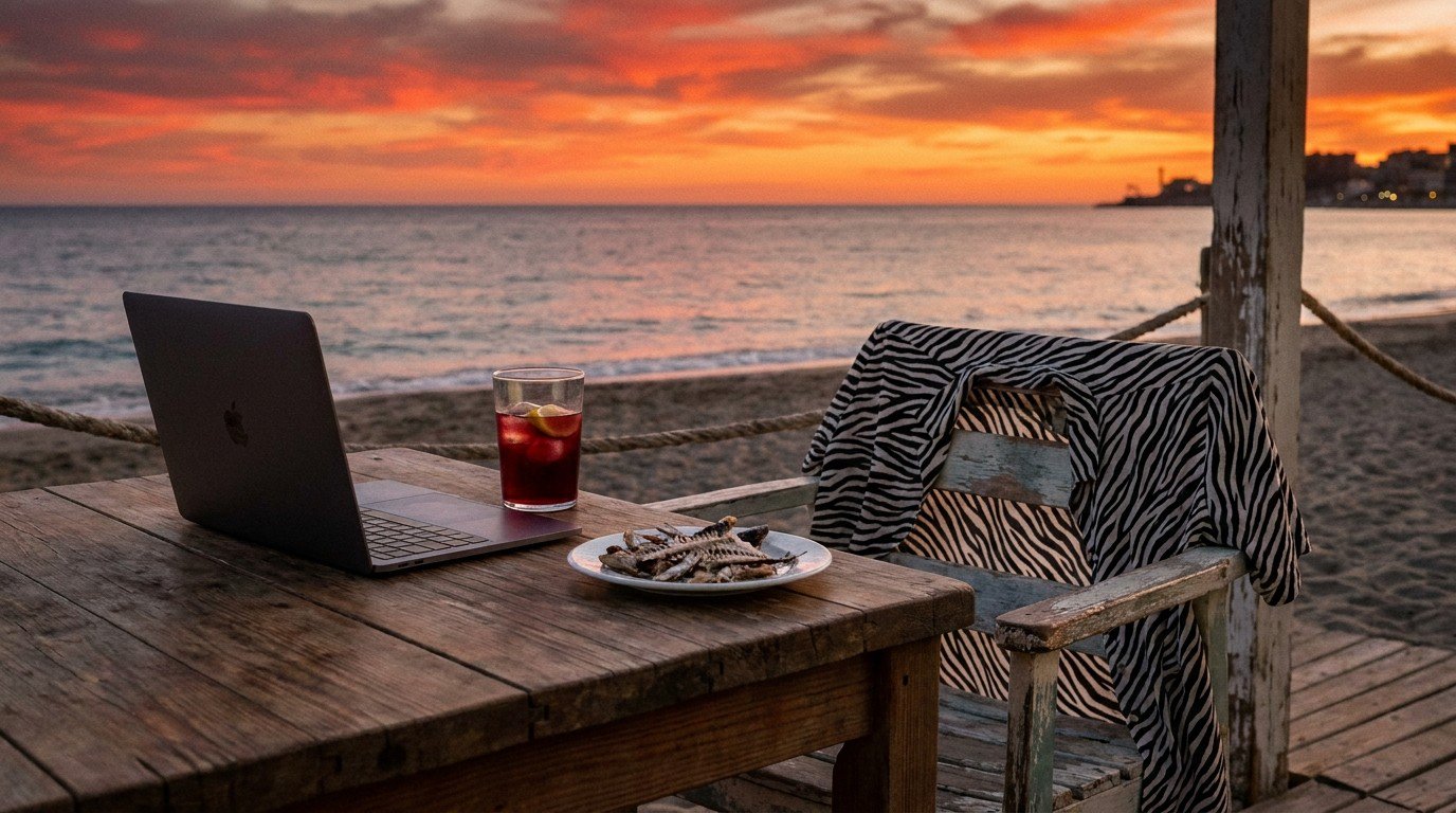 A rustic chiringuito on the Playa de la Malagueta, an open laptop on a wooden table with a glass of tinto de verano and a plate of sardine bones, a zebra-striped shirt draped over the chair.