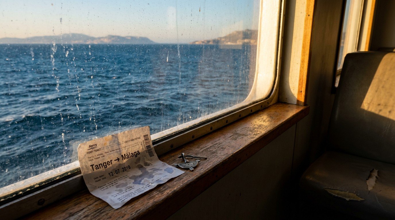 View from inside a ferry crossing the Strait of Gibraltar, a crumpled ferry ticket marked 'Tanger → Málaga' and a small silver Amazigh pendant on the windowsill, the blue water outside.