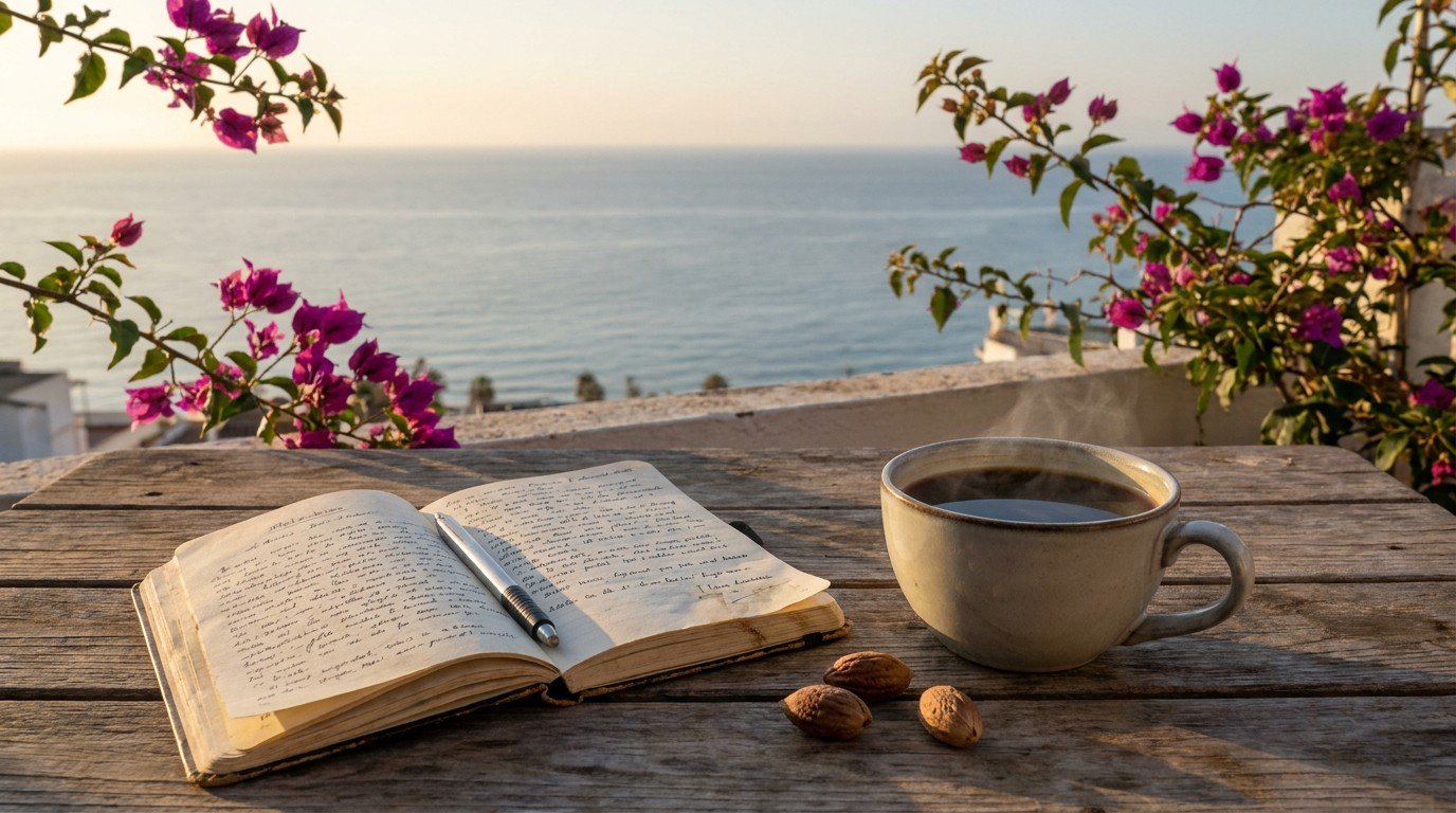 A rooftop terrace in Pedregalejo with a wooden table, a steaming cup of coffee, an open Moleskine notebook, and three dried olive pits, the Mediterranean in the background.