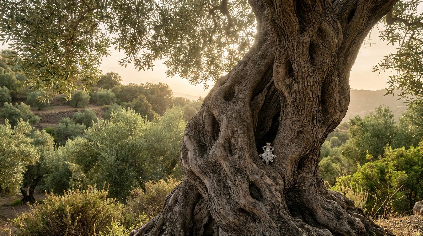 An ancient millennial olive tree in the Axarquía hills, its trunk massively gnarled, a small silver Amazigh pendant resting in a crevice of the bark, lush green surroundings.