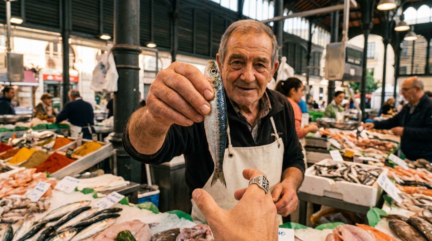 A return to the Atarazanas Market: a fishmonger with kind eyes holds up a single sardine, offering it to the camera, a hand with a silver Amazigh ring reaches out.