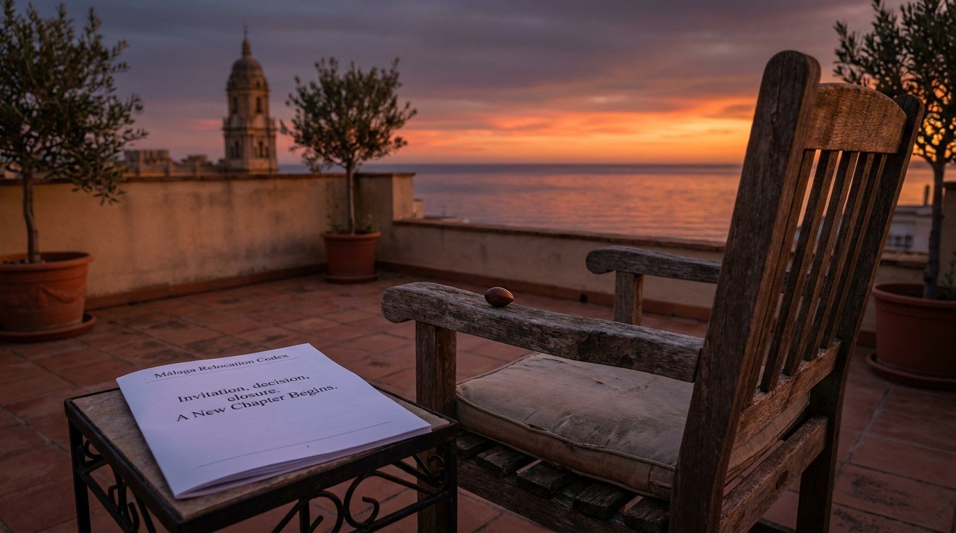 A breathtaking rooftop terrace in Málaga at sunset, with an empty chair facing the Mediterranean Sea, a single olive pit on the armrest, and a printed Málaga Relocation Codex on the table.