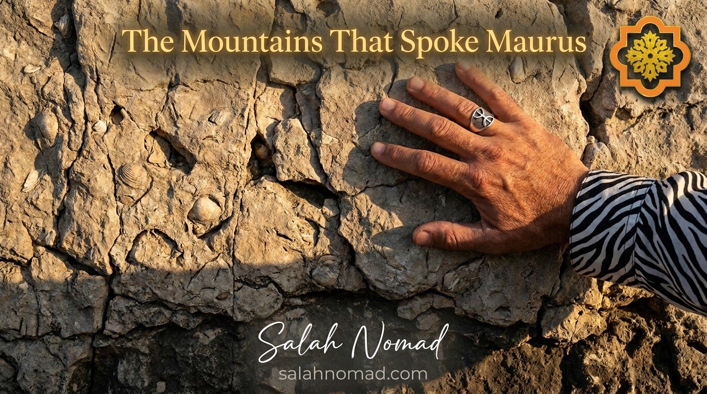 Close-up of a weathered limestone rock face in the Sierra Sur, pitted and cracked, a human hand with a silver Amazigh ring resting flat against the stone, zebra-striped sleeve visible at the wrist.