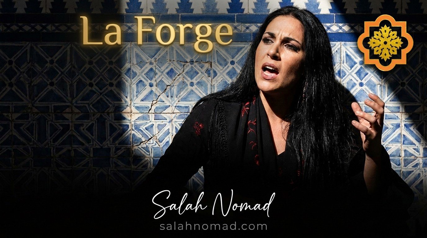 A beautiful and seductive flamenco cantaora in her early thirties, long black hair, tight black dress with red stitching, singing passionately in a Triana courtyard. One shaft of sunlight cuts across her face. Old azulejo tiles in the background.