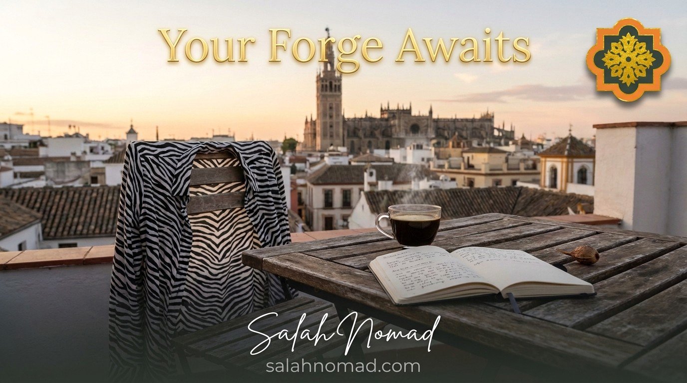Dawn over Seville from a rooftop terrace, the Giralda tower silhouetted in the distance. A wooden table with a cup of black coffee, a Moleskine notebook, and a dried olive pit. A zebra-striped shirt draped over the chair.