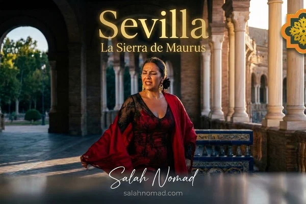 A seductive flamenco cantaora in a black lace gown under a mudéjar arch at Plaza de España, Seville, golden hour light, Voz Afillá intensity.