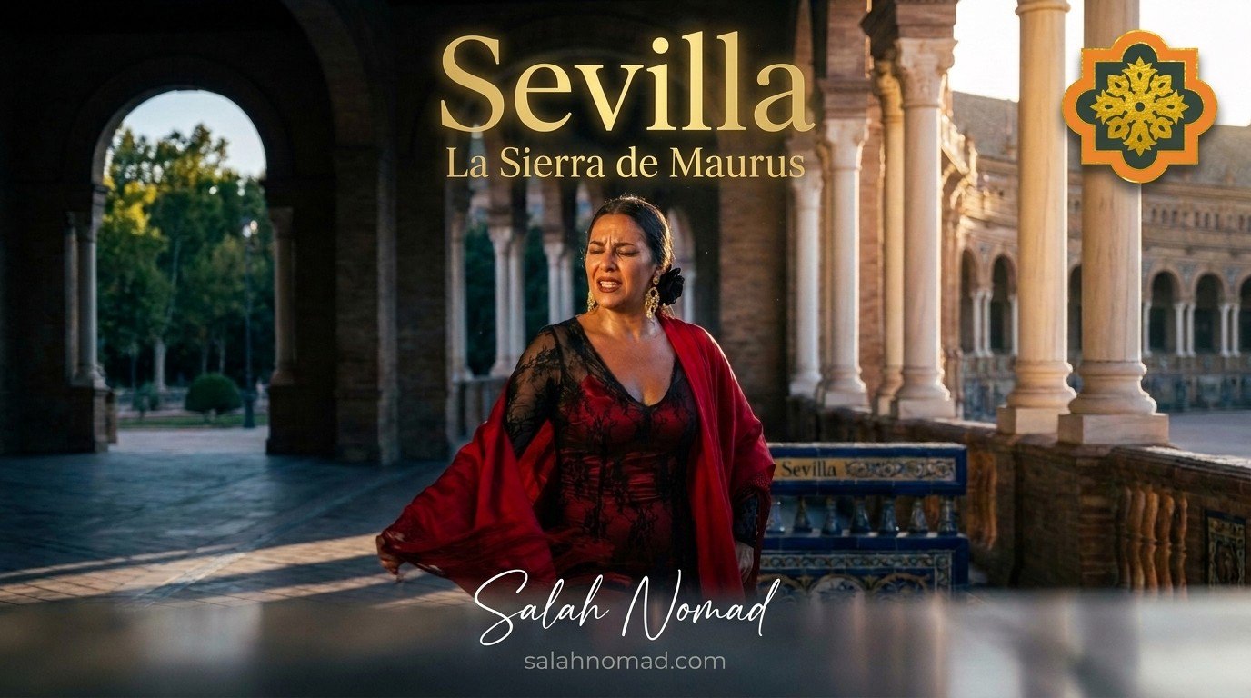 A seductive flamenco cantaora in a black lace gown under a mudéjar arch at Plaza de España, Seville, golden hour light, Voz Afillá intensity.