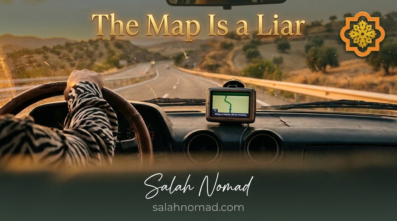 A view through a dusty car windshield on a Spanish highway at golden hour, an old GPS glowing on the dashboard showing the route from Málaga to Valencia, a zebra-striped shirt sleeve resting on the steering wheel.