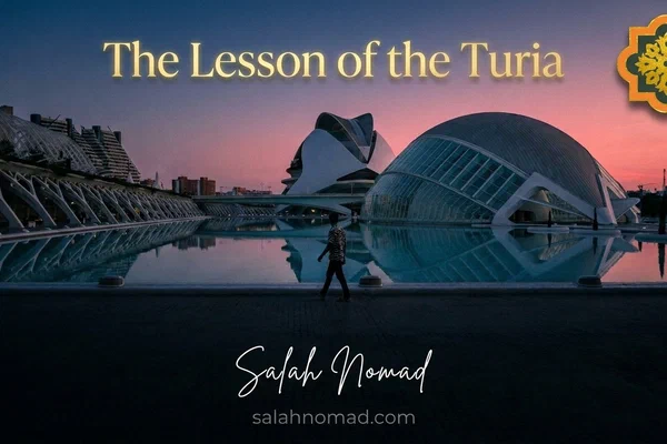 The Ciudad de las Artes y las Ciencias in Valencia at dusk, its white curves reflecting in still water, a lone figure in a zebra-striped shirt crossing the bridge.