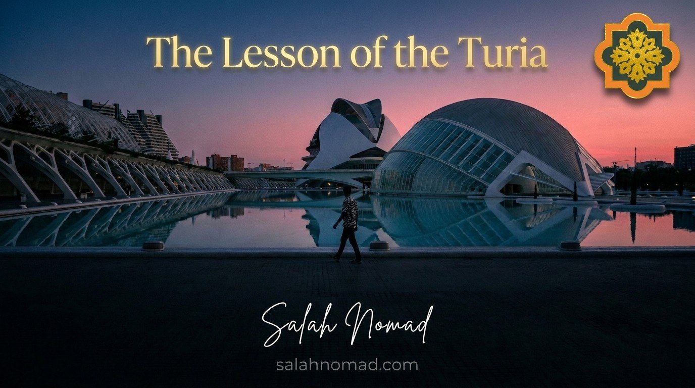 The Ciudad de las Artes y las Ciencias in Valencia at dusk, its white curves reflecting in still water, a lone figure in a zebra-striped shirt crossing the bridge.