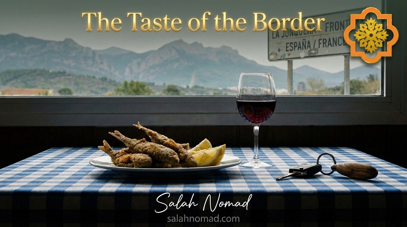 A simple table at Restaurante Mar y Sol in La Jonquera, a plate of crispy fried fish with lemon, a glass of red wine, a car key with an olive-wood keychain, the Pyrenees visible through the window.