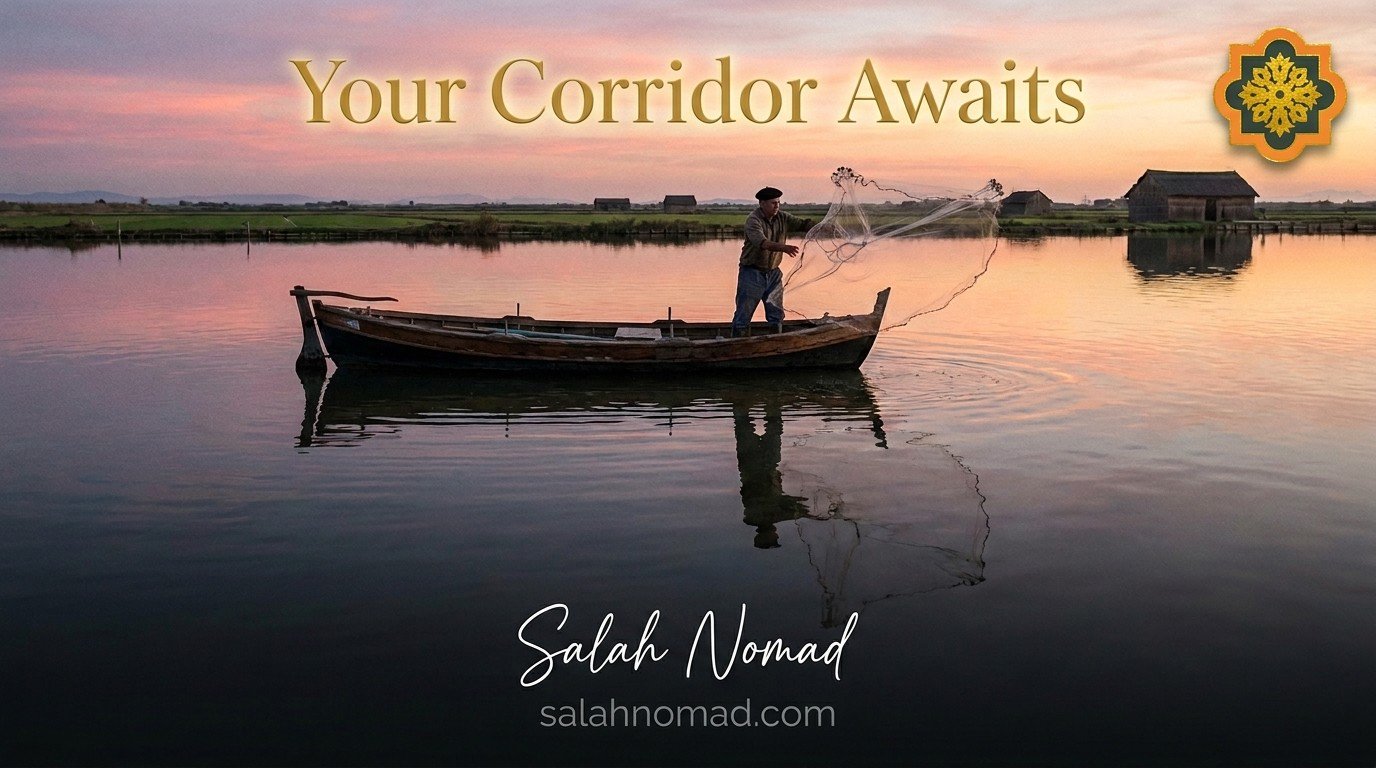 A traditional wooden fishing boat on the Albufera lagoon at sunset, the water perfectly still reflecting coral and gold, a fisherman casting a net, rice paddies to the horizon.