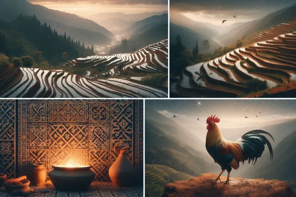 Four elements of Jbala resilience: rain terraces, clay cooking pot, rooster at dawn, and mountain night in Tattofte, Morocco