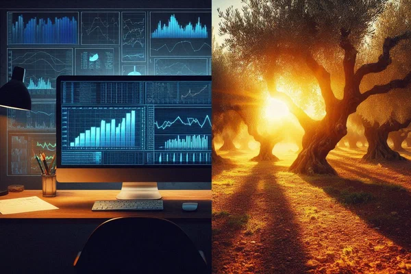 Split image comparing stark financial spreadsheet with sun-drenched olive grove, symbolizing two philosophies of wealth