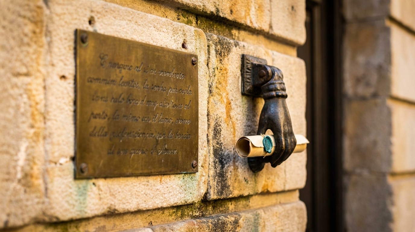 Close-up of a brass notary plaque on a historic Barcelona facade — Verified Black Book professionals