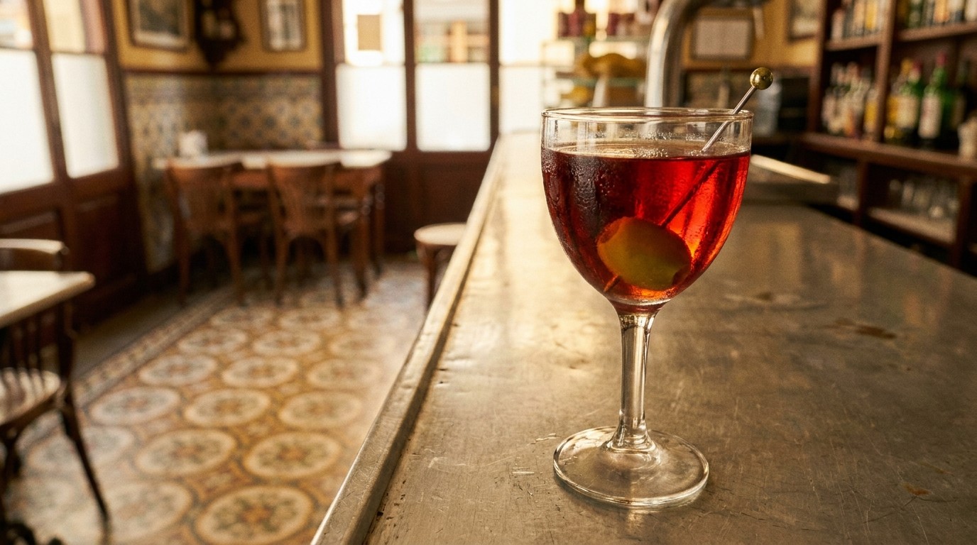 Glass of red vermouth on a Gràcia bar counter, symbolizing the Barceloní Code anchoring ritual