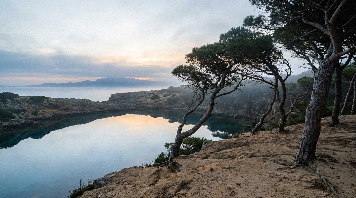 Secluded cove near Tarifa at dawn — the Levante sculpts the pines, the water stays still