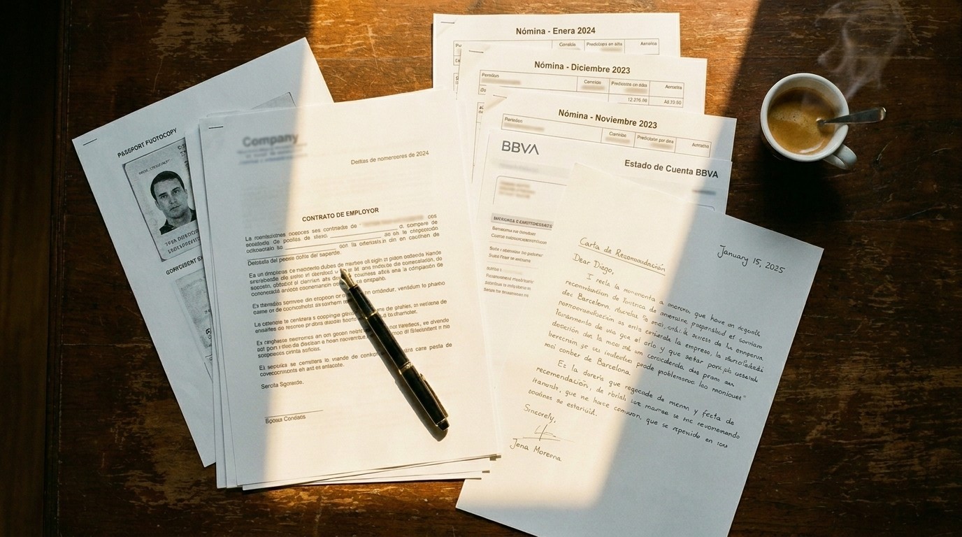 Rental dossier on a wooden table — passport, contract, payslips, bank statement