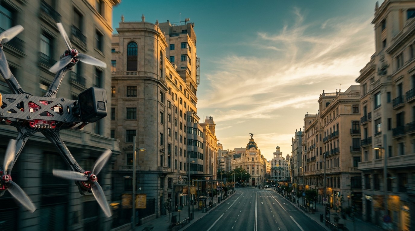 Gran Vía from above — FPV drone view of Madrid's main artery