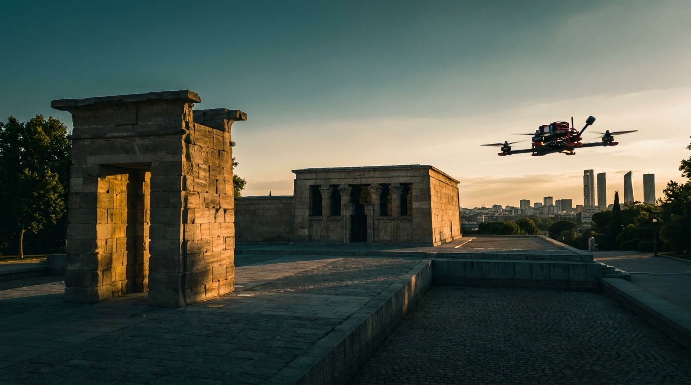 Temple de Debod at sunset — FPV drone view over Madrid's skyline