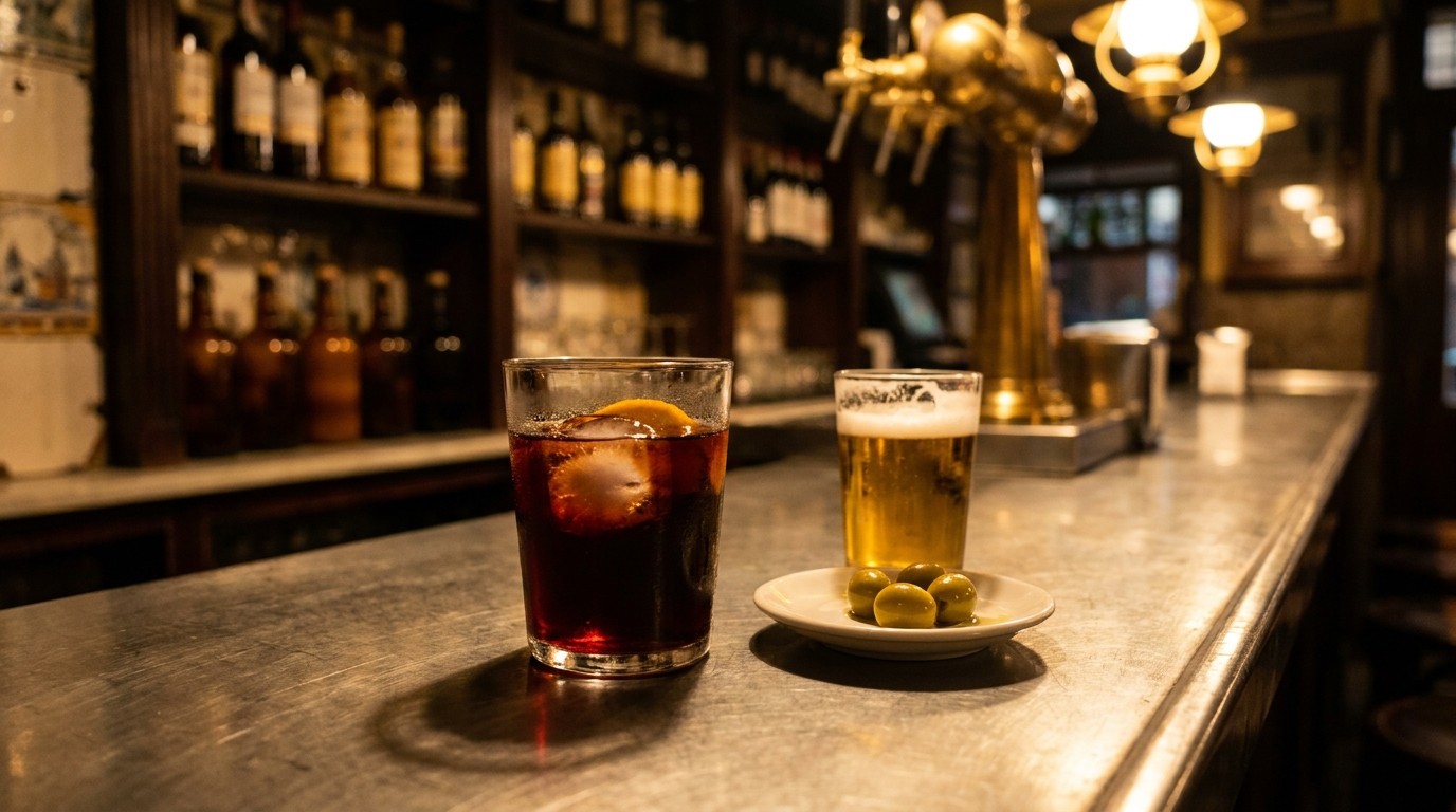 Glass of vermut at a Madrid bar counter — the Chamberí vermouth ritual