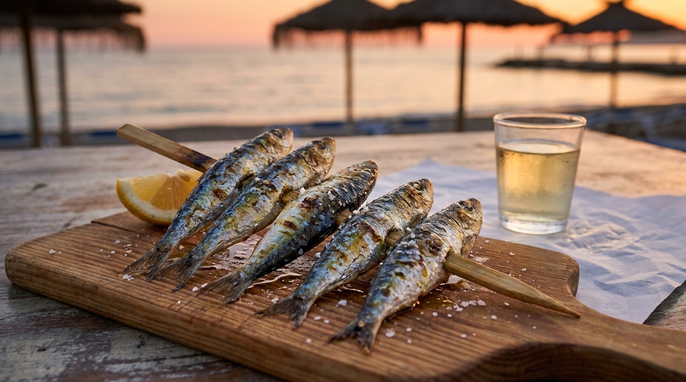 Espeto de sardinas at sunset in Pedregalejo — the anchoring ritual