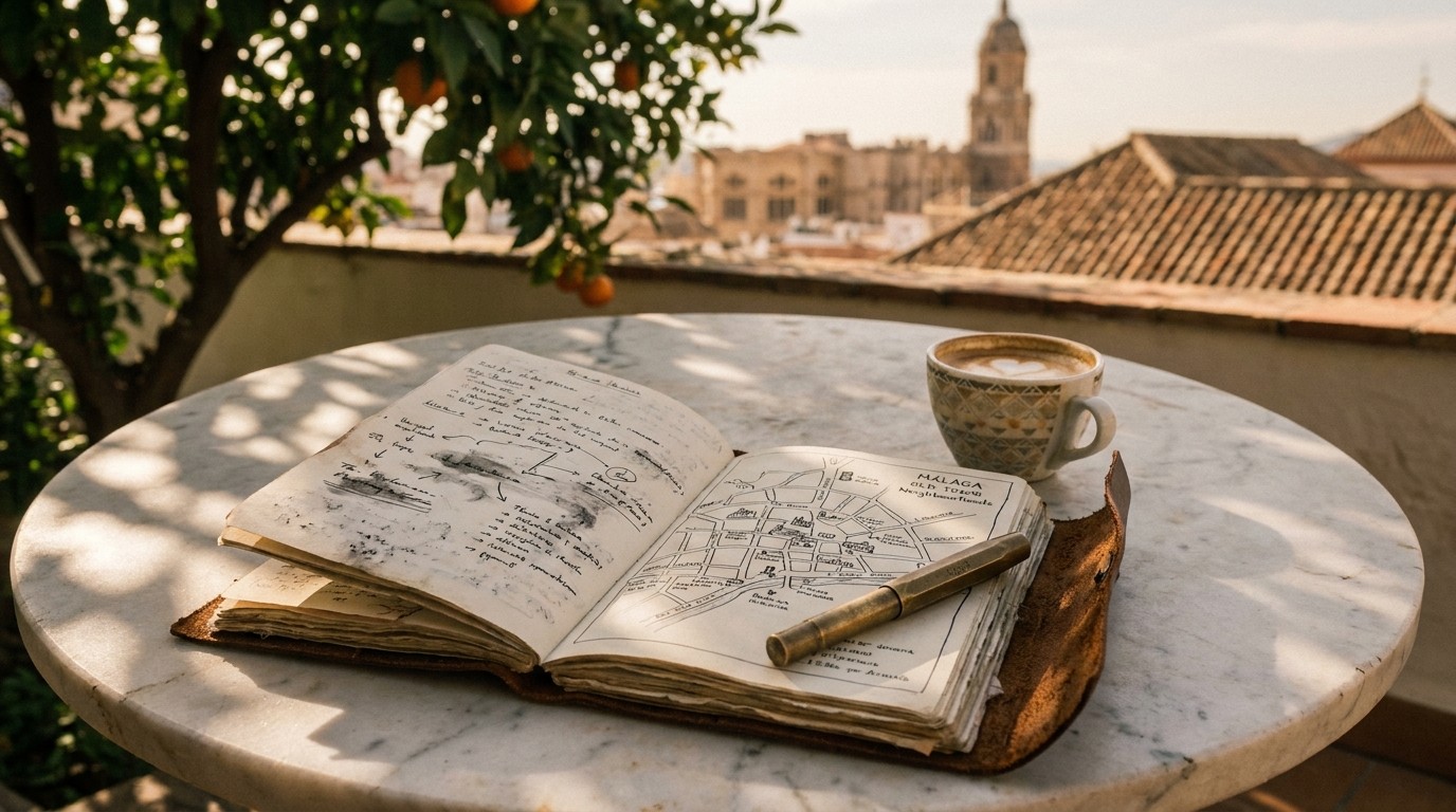 Handwritten notebook on a café table — field notes