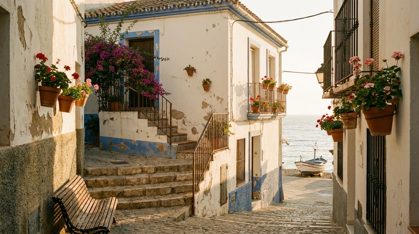 Typical colorful facade in Pedregalejo, Málaga — acoustic sanctuary