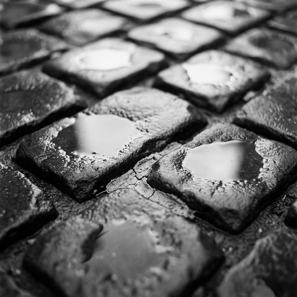 Cobblestones in Cabanyal after rain — the memory of the DANA flood held in the silt between stones