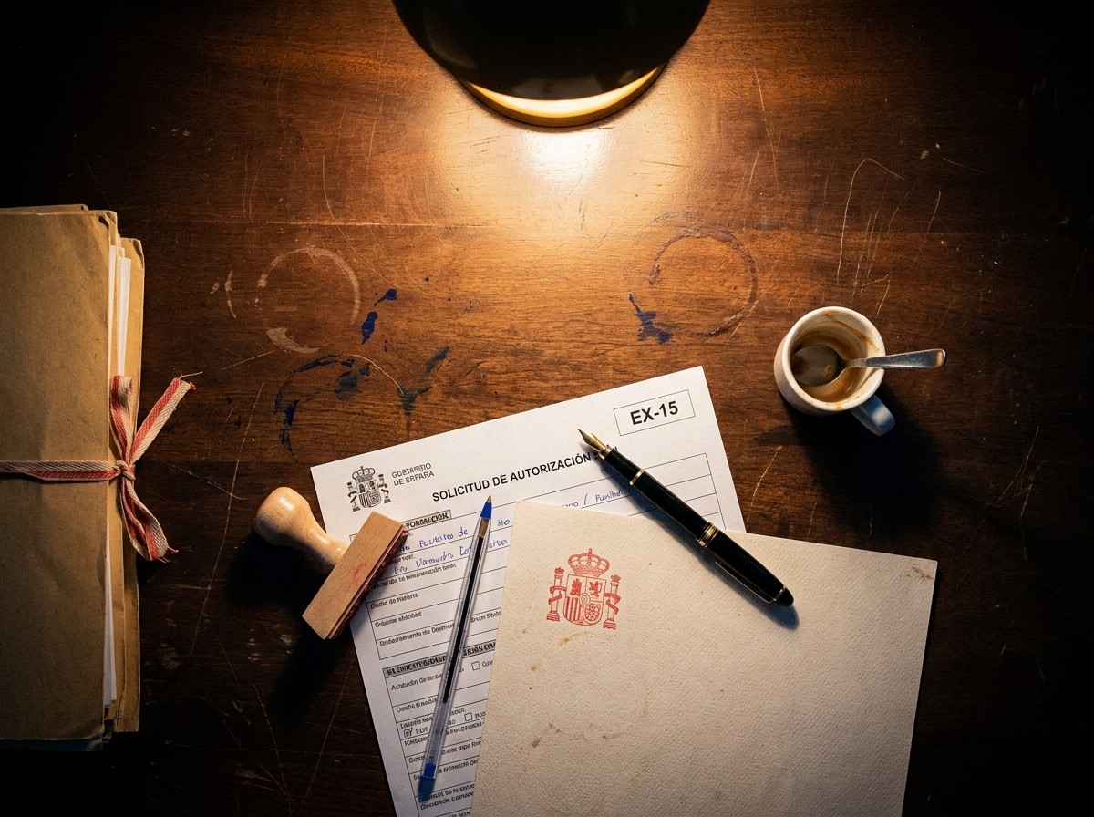 Gestoría desk — EX-15 form, fountain pen, official stamp, half-drunk espresso under tungsten light