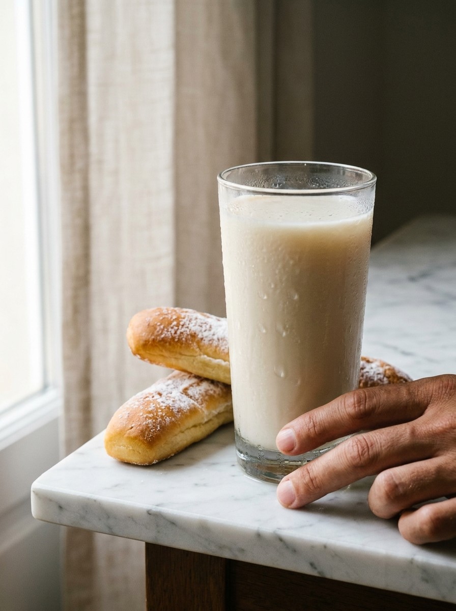 Glass of horchata sweating on white Carrara marble — the condensation is the story, the ritual of arrival
