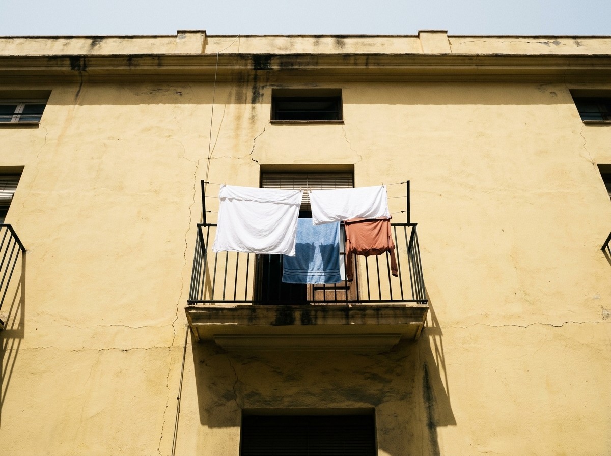 Residential façade in Patraix, Valencia — laundry hanging from a wrought-iron balcony, everyday dignity