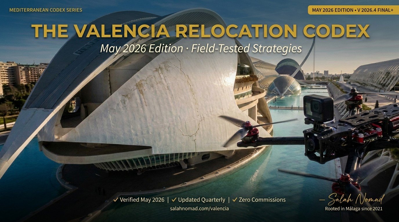 FPV drone flying over Valencia's City of Arts and Sciences at golden hour — cover image of The Valencia Relocation Codex 2026, field-tested relocation guide for digital nomads by Salah Nomad