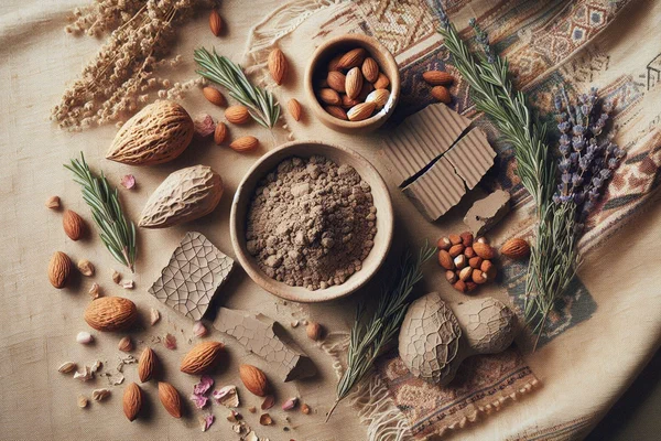 Minimalist flat lay of ancestral wellness kit: raw Ghassoul clay, Argan nuts, and dried herbs on traditional Amazigh textile