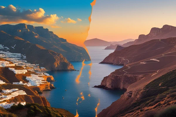 Artistic montage showing Alpujarra mountains in Andalusia merging with Jbala hills in Morocco across Gibraltar Strait