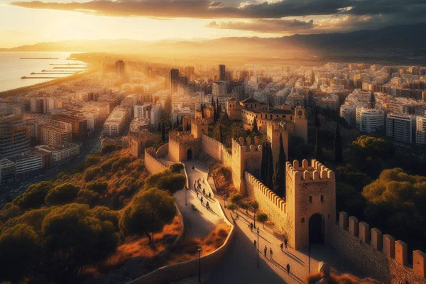 View from Málaga's Alcazaba showing ancient fortress with modern Soho district below, symbolizing dialogue between historical wisdom and digital future